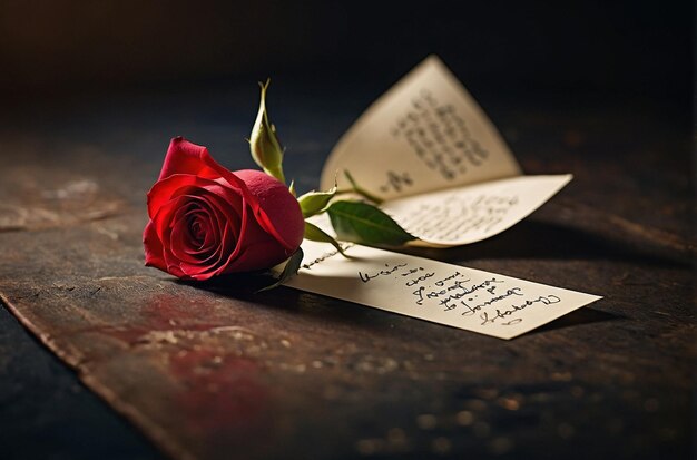 Closeup of a single red rose with a love note attached for a heartfelt gesture