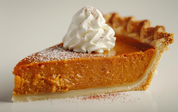 A closeup of a single slice of pumpkin pie with whipped cream and cinnamon