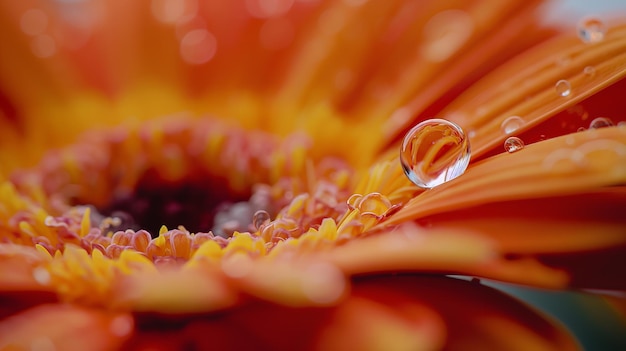 Closeup of a single water droplet on an orange flower petal