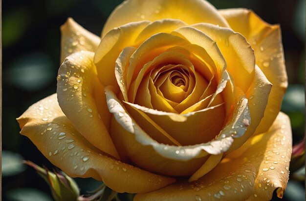 Closeup of a single yellow rose with golden sunlight filtering through the petals