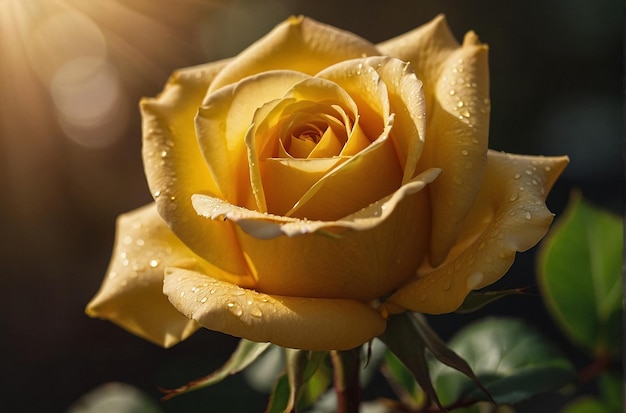 Closeup of a single yellow rose with golden sunlight filtering through the petals