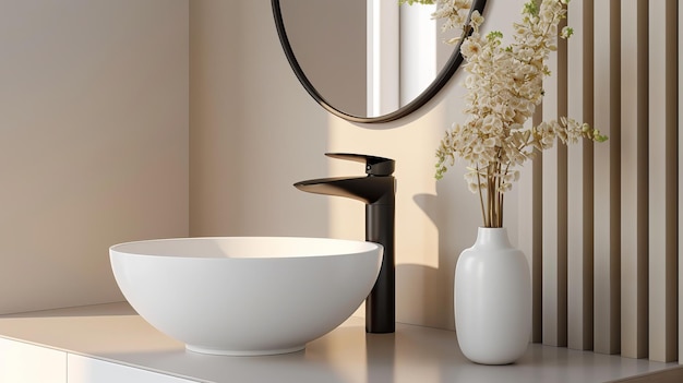 Closeup of sink with oval mirror white cabinet with black faucet and beige wall of minimalist bathroom 3D rendering