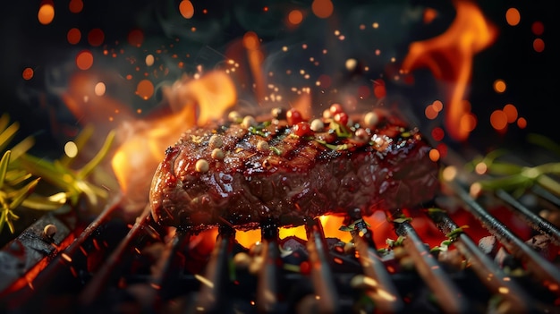 Closeup of sizzling grilled beef with flames on the barbecue AI generative