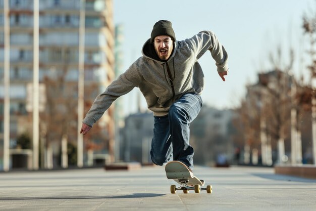 Photo a closeup of a skateboard lying on a skate park ramp with skaters blurred in the background