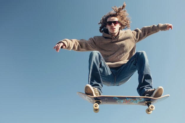 Photo a closeup of a skateboard lying on a skate park ramp with skaters blurred in the background