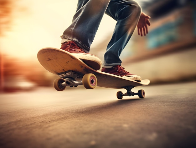 A closeup of a skateboarder's feet doing a trick Generative AI