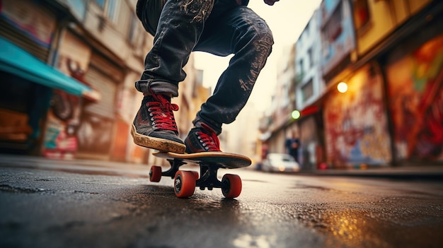 Closeup of skateboarders foot doing a trick