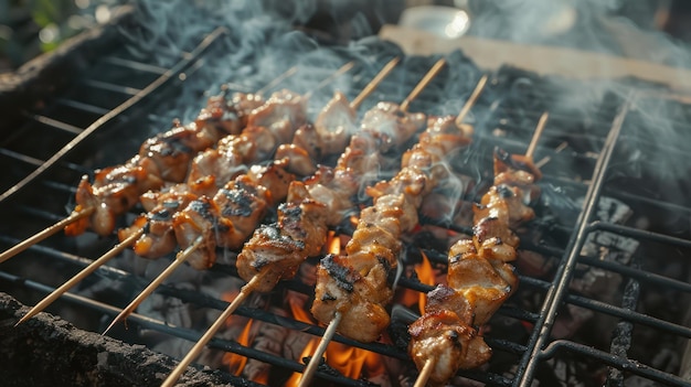 Photo closeup of skewered meat grilling over hot coals