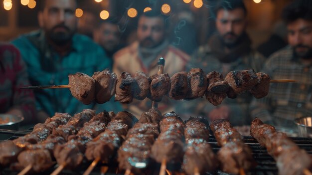 Photo closeup of skewers grilling over fire with blurred men in background