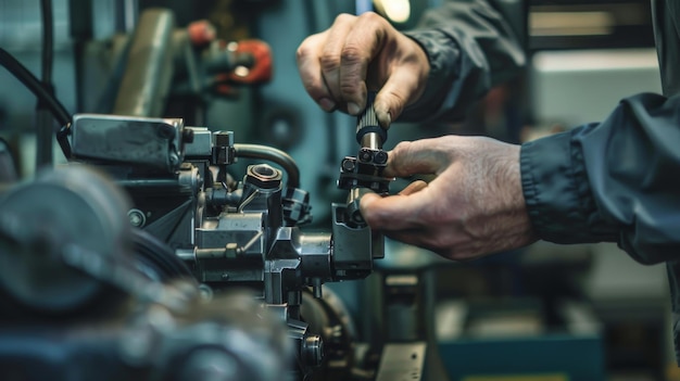 Closeup of skilled hands operating machinery in a workshop emphasizing craftsmanship precision and the intricacies of engineering