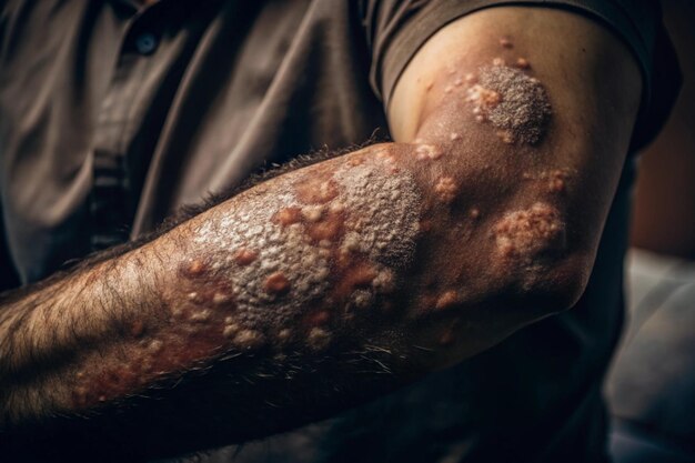 Photo closeup of skin rash with psoriasis or eczema symptoms