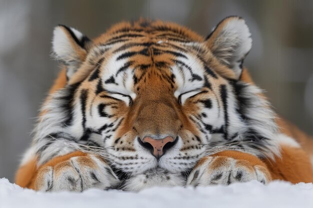 Photo closeup of a sleeping siberian tiger in the snow