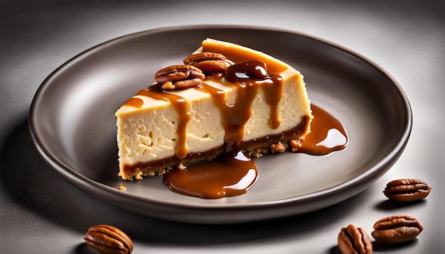 Closeup of a slice of classic pecan cheesecake with caramel sauce