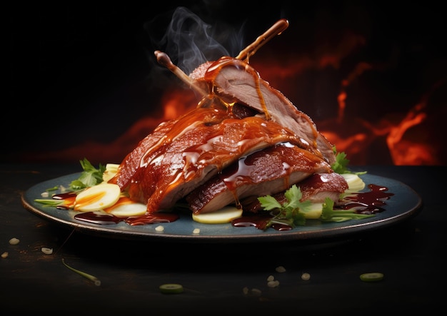 A closeup of a slice of Peking duck being enjoyed