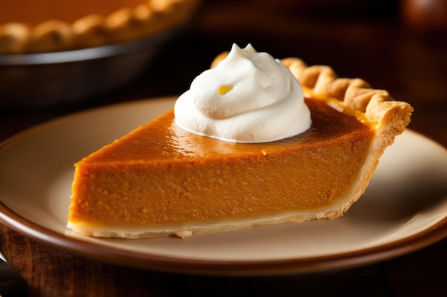 Closeup of a slice of pumpkin pie delicious and tempting