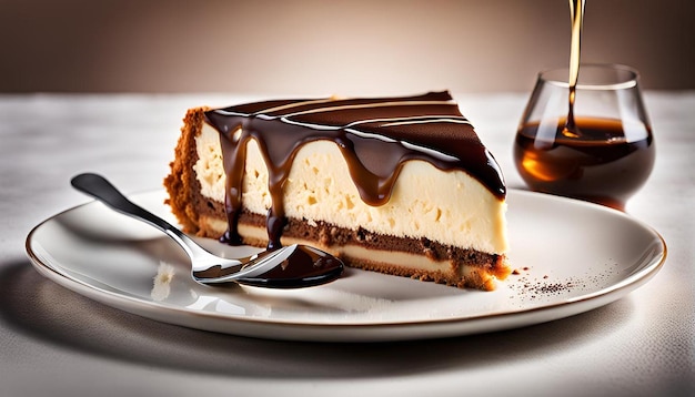 Closeup of a slice of rich tiramisu cheesecake with coffee syrup