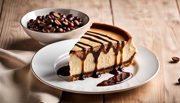 Closeup of a slice of rich tiramisu cheesecake with coffee syrup