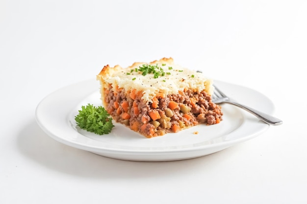 Closeup of a Slice of Shepherds Pie with Parsley and a Fork