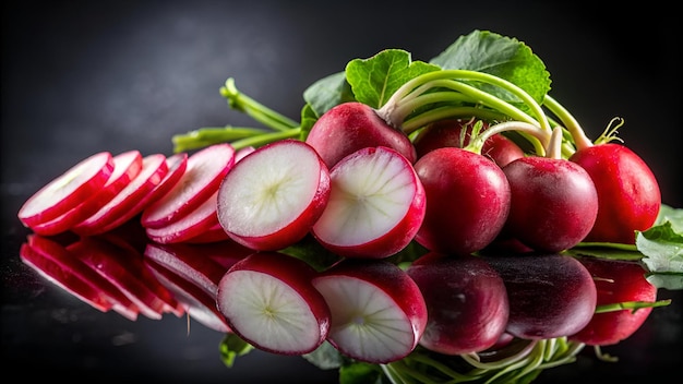 Photo a closeup of a sliced fresh radish explodes against a black background vibrant red flesh a beacon