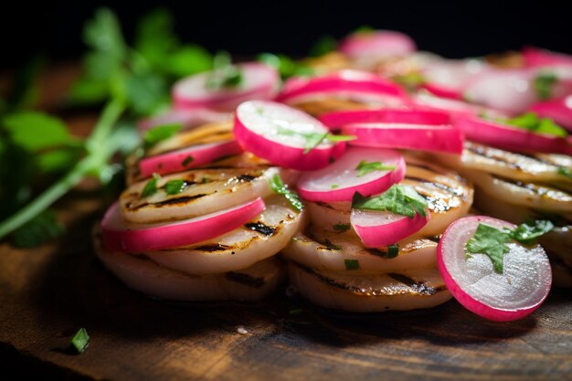 Photo closeup of sliced grilled pink radishes for fajitas