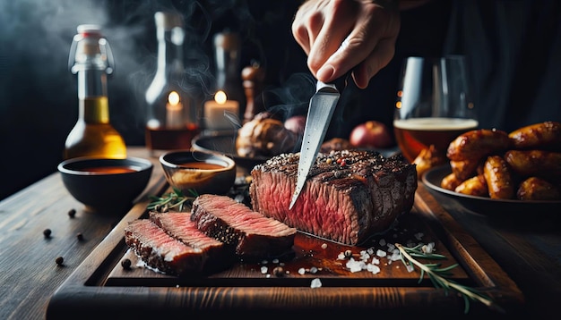 Closeup of Sliced Grilled Steak on Cutting Board with Smoke and Steam