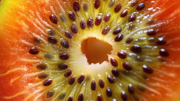 Photo closeup of a sliced kiwi with seeds and center hole