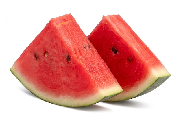 Closeup of sliced pieces of fresh watermelon on white background with clipping path