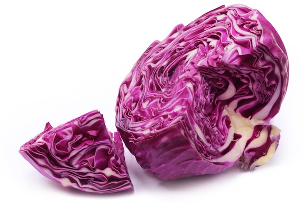 Closeup of sliced red cabbage over white background