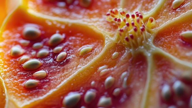 Photo closeup of a sliced red fruit with seeds and stamens