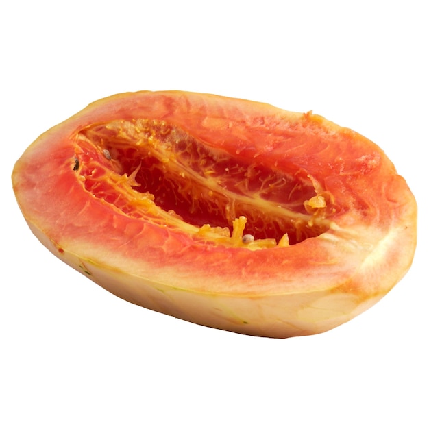 Closeup of sliced ripe papaya fruit in yelloworange colors isolated on white background