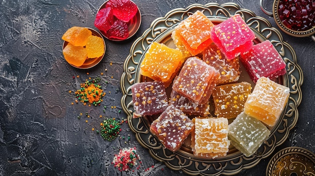 Photo closeup sliced turkish delight cubes closeup national traditional turkish sweets sprinkled with powdered sugar jelly natural bonbons