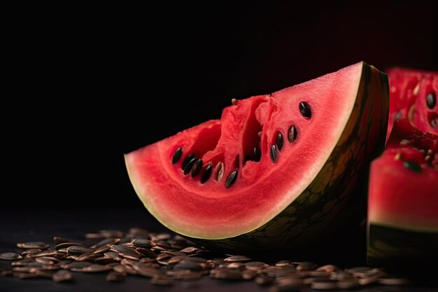 Closeup of sliced watermelon with seeds and juicy pulp on a dark background