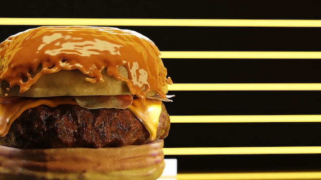 Closeup slide out of cheeseburger against black and yellow lines in background