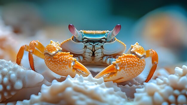 Photo closeup of a small crab with orange and white shell on coral reef