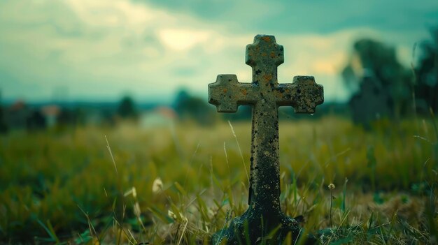 Closeup of a small cross standing in a field