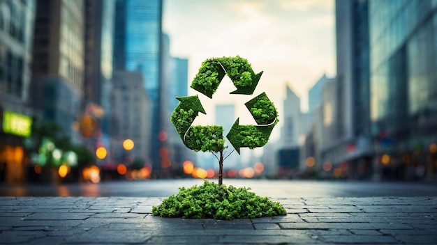 closeup of small green tree in form of Recycle sign