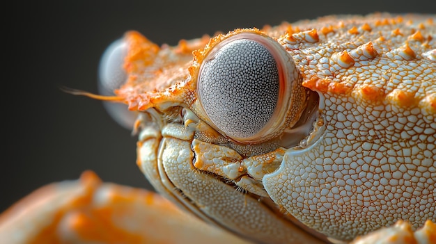 Photo closeup of a small orange and white crab with its eye and shell in focus