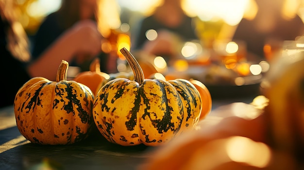 Photo closeup of small patterned pumpkins on a rustic table