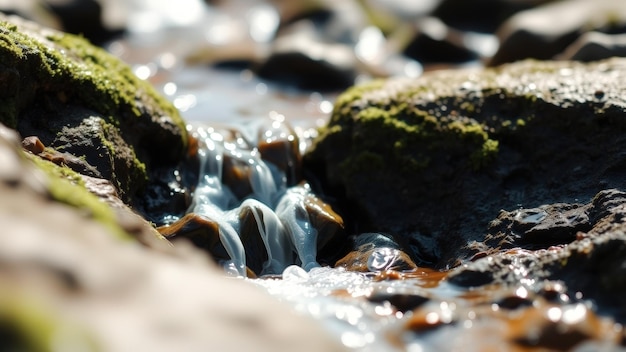 Photo closeup of a small stream flowing over mossy rocks