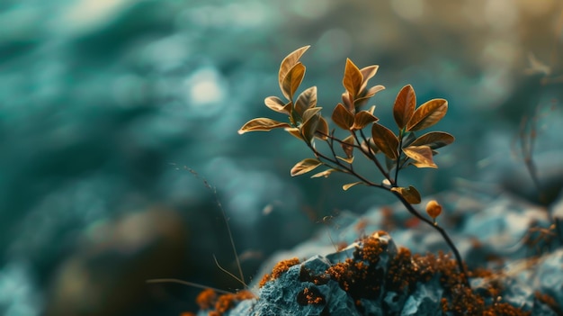 Closeup of a small twig with orange leaves against a blurry turquoise background