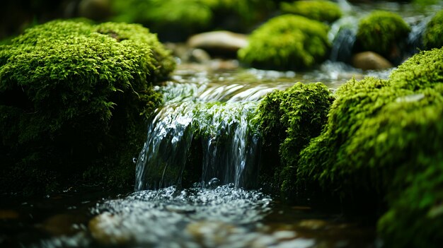 Photo closeup of a small waterfall flowing over mosscovered rocks in a lush forest