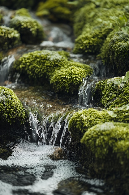 Closeup of a small waterfall flowing over mosscovered rocks