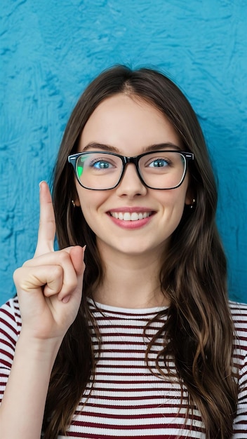 Closeup of smart cute girl in glasses rsing finger eureka gesture thinkup idea