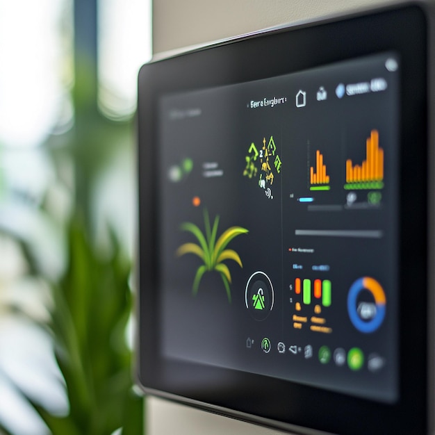 A closeup of a smart energy monitor with data on consumption patterns and savings