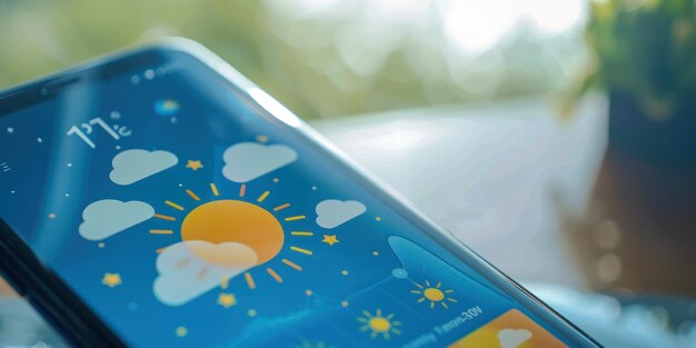 Closeup of a smartphone screen displaying a weather forecast