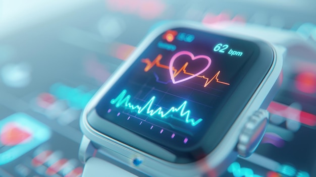 Photo closeup of a smartwatch displaying heart rate and health data on a vibrant screen symbolizing modern health technology