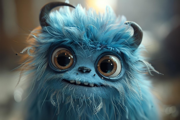 CloseUp of Smiling Blue Monster Stuffed Animal With Big Eyes