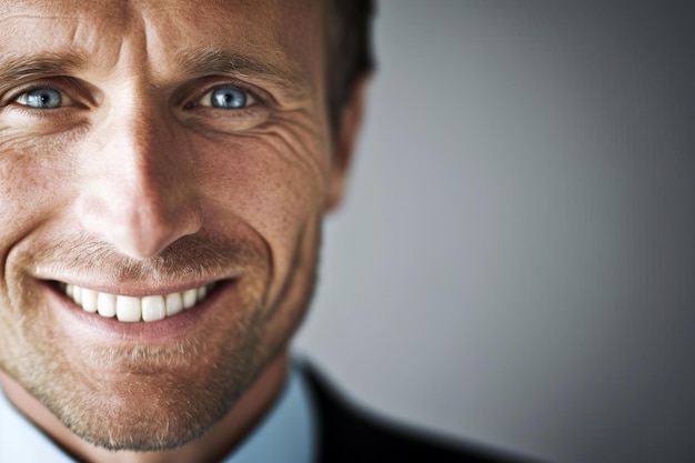 Photo closeup of smiling businessman face with white copy space businessman smiles for a closeup with co