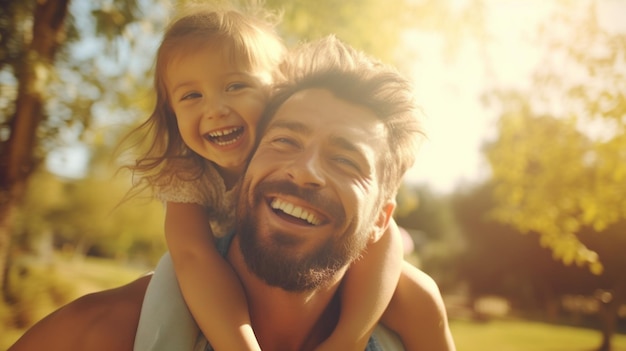 Closeup of a smiling Dad and Daughter having fun in the park on a sunny day Summer Family Positive Emotions Happy Facial Expression Vacation Travel Love and caring concepts