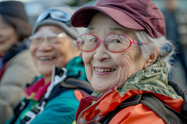 Closeup of a smiling elderly Asian woman with friends in the background